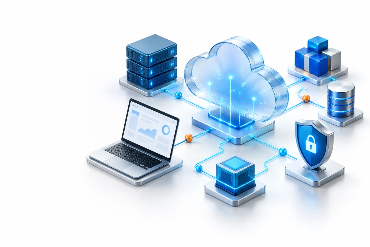 Connected cloud, devices and security illustration